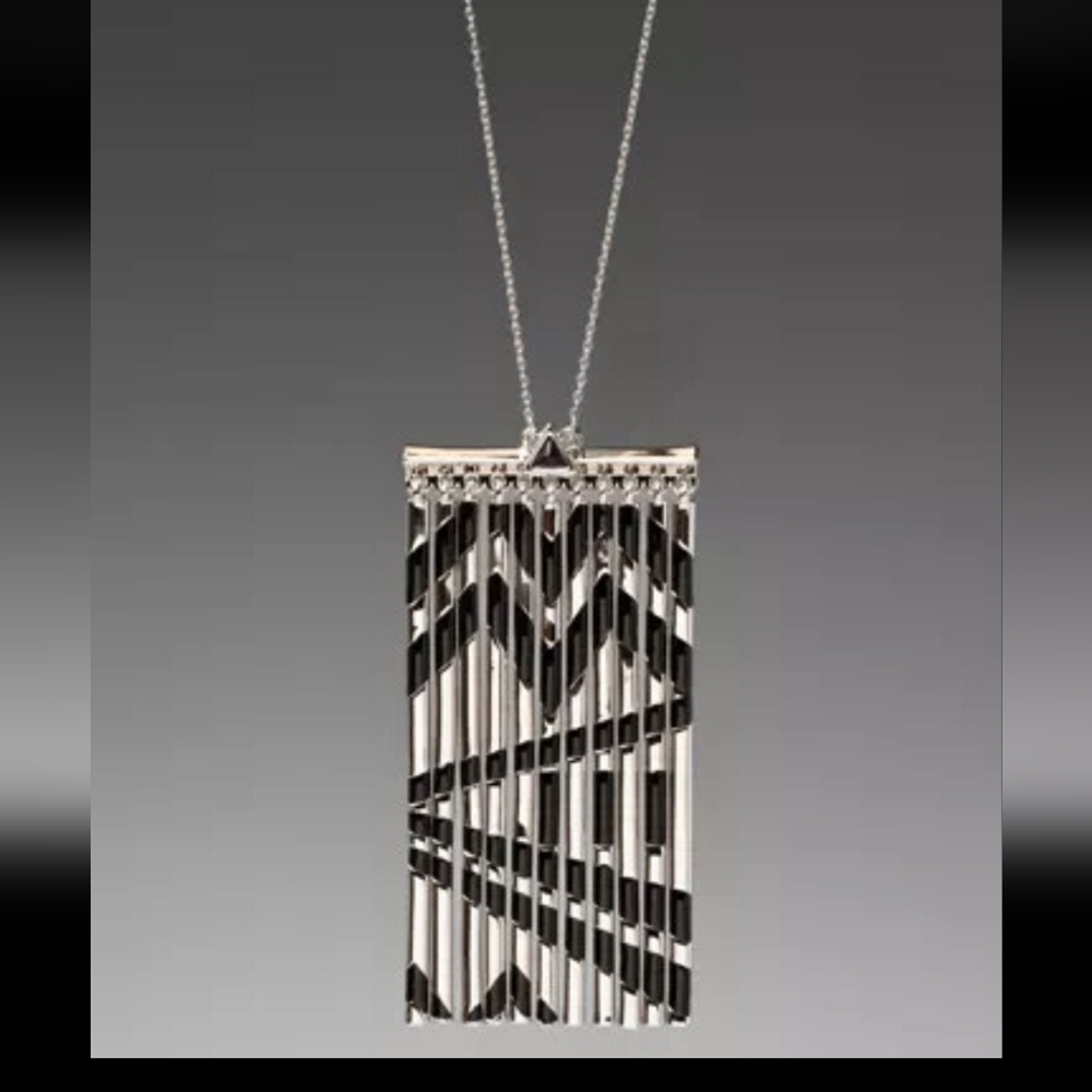 NWT House of Harlow 1960 Long Pendant necklace Fringe Silver Black